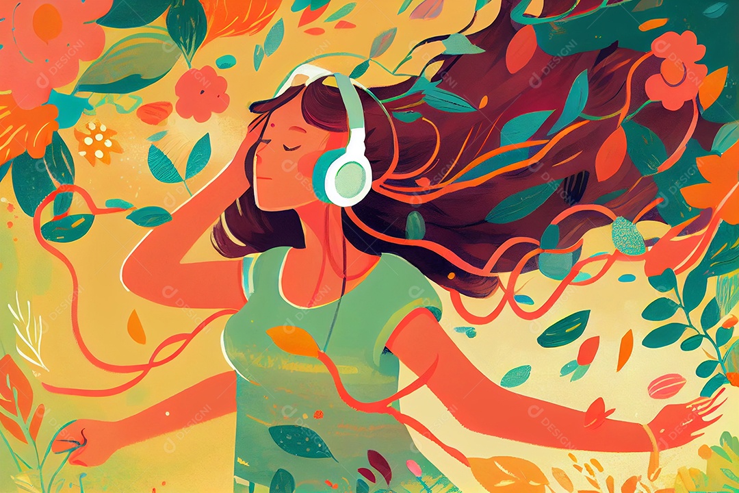 Ilustração menina feliz com fones de ouvido