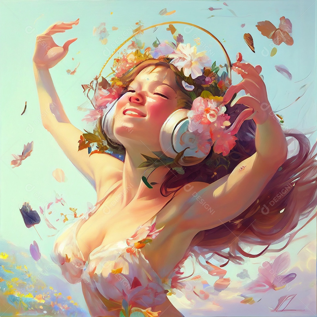 Ilustração menina feliz com fones de ouvido