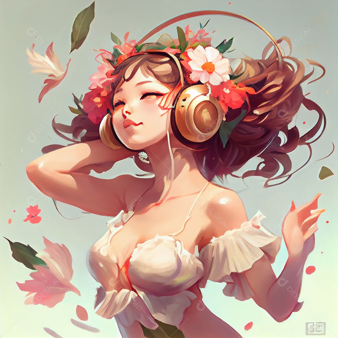 Ilustração menina feliz com fones de ouvido