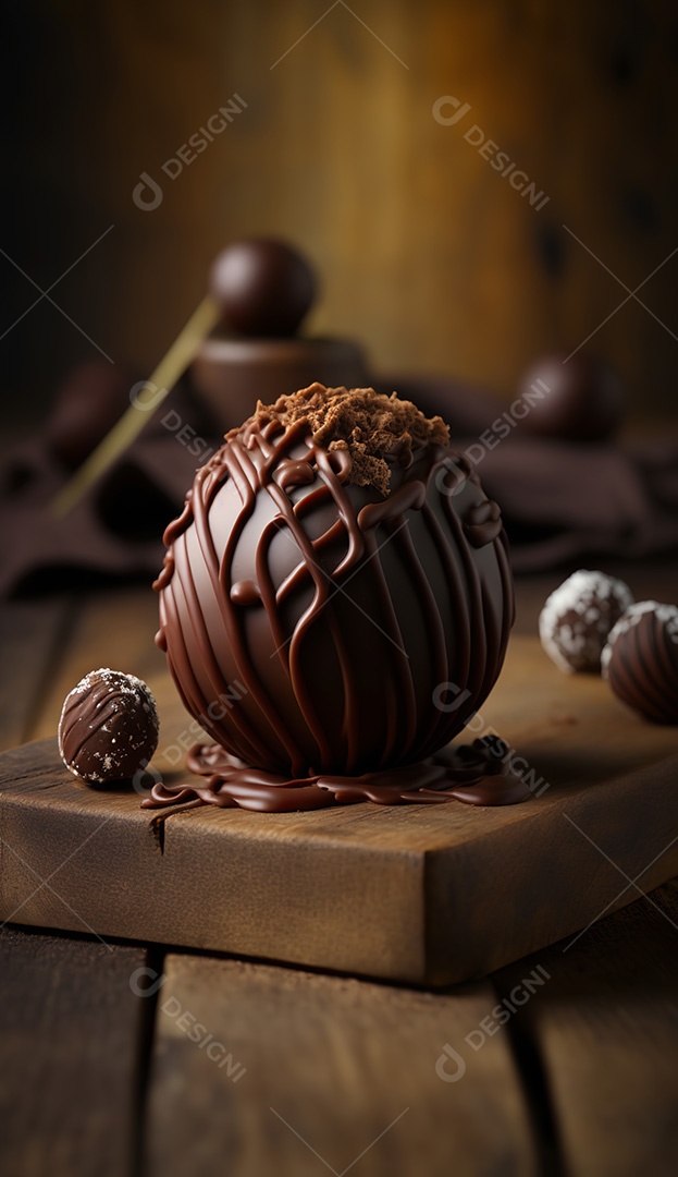 Trufa de chocolate sobre mesa de madeira..