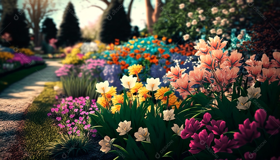 Jardim com belas flores coloridas.