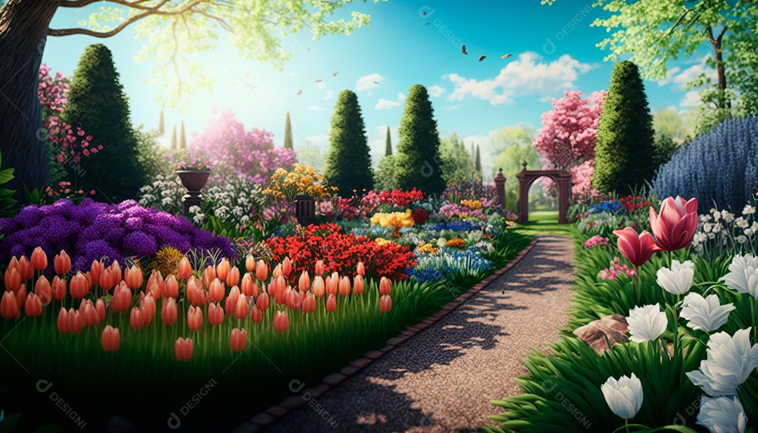 Jardim com belas flores coloridas.