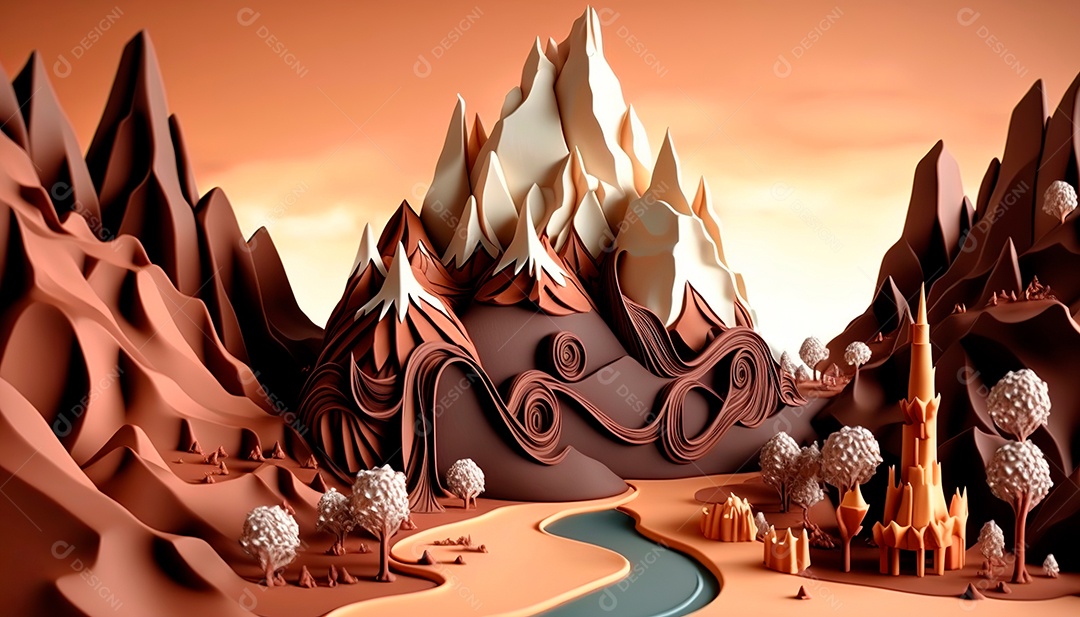 Paisagem de um reino onde tudo é feito de chocolate.