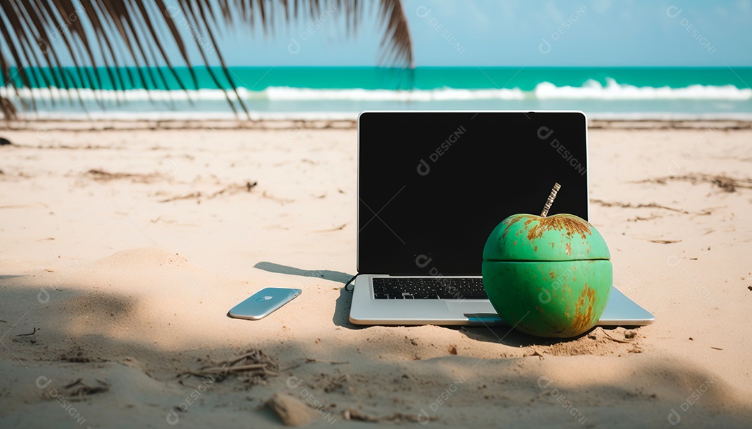 Laptop em um conceito de trabalho remoto na praia com coco verde.