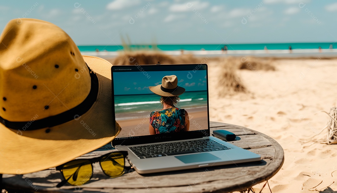Pessoa em uma praia com um laptop trabalhando remotamente.