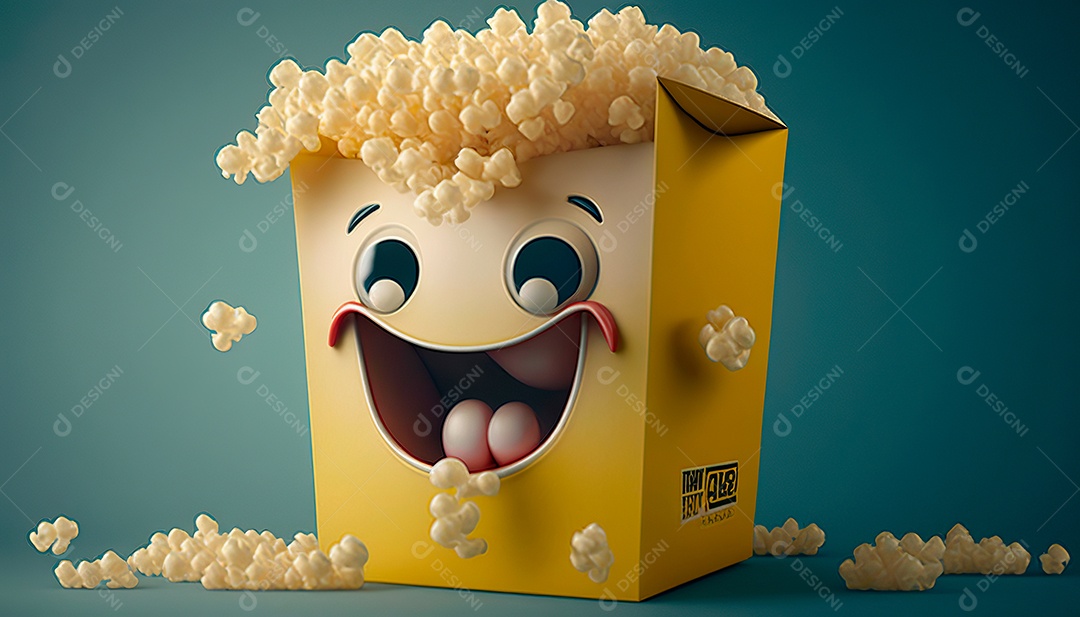 Pacote de pipoca cheio de pipoca com uma cara sorridente.