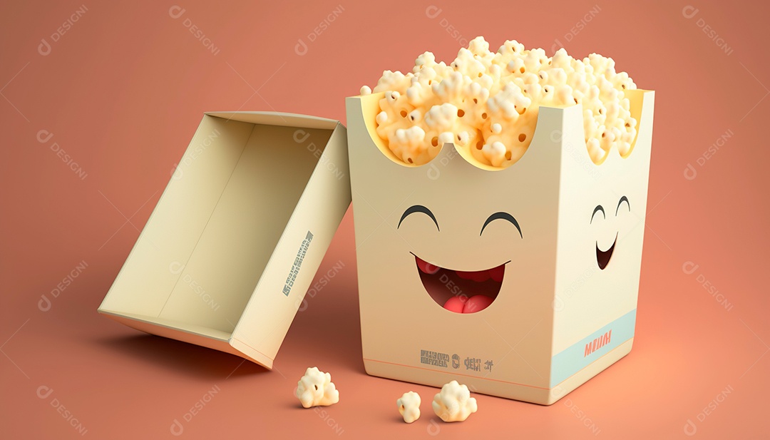 Pacote de pipoca cheio de pipoca com uma cara sorridente.