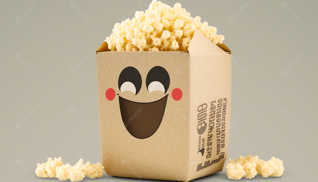 Pacote de pipoca cheio de pipoca com uma cara sorridente.