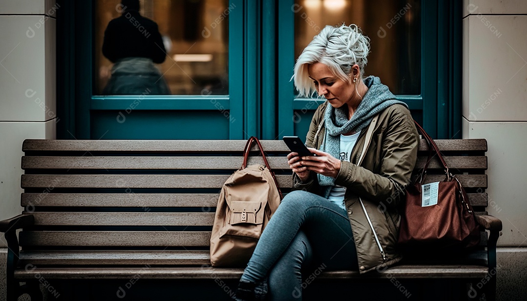 mulher sentada em um banco e usando as redes sociais.