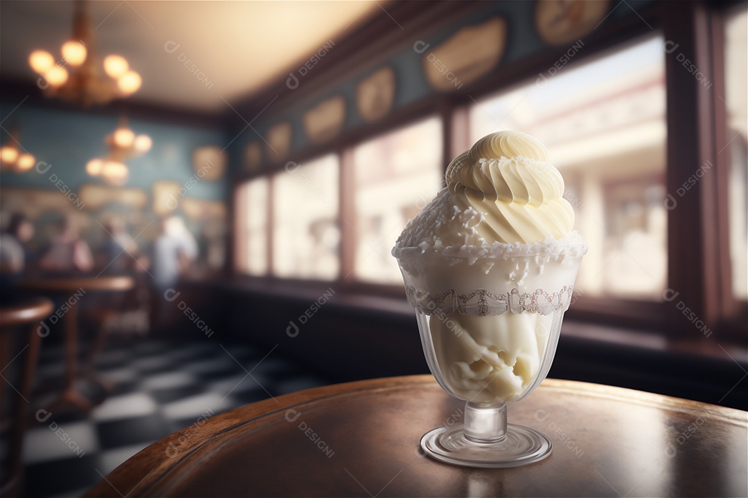 Sorvete de baunilha gourmet na tigela de vidro na mesa de sorveteria sobremesa congelada