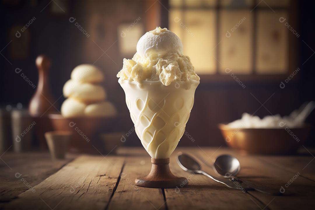 Sorvete de baunilha gourmet na tigela de vidro na mesa de sorveteria sobremesa congelada