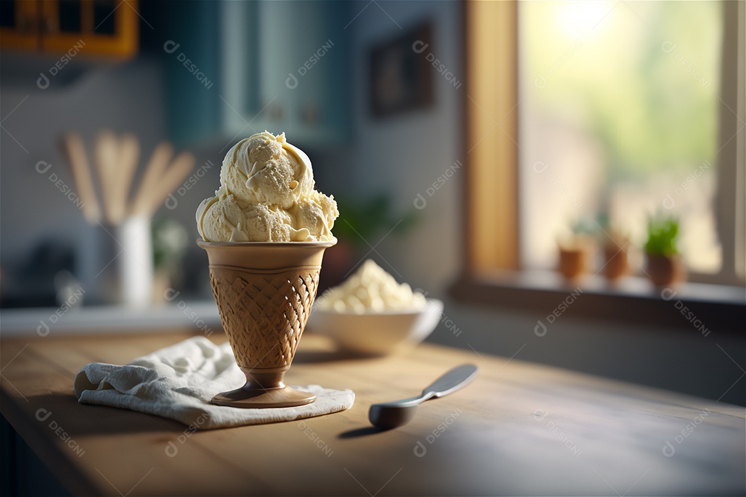 Sorvete de baunilha gourmet na tigela de vidro na mesa de sorveteria sobremesa congelada