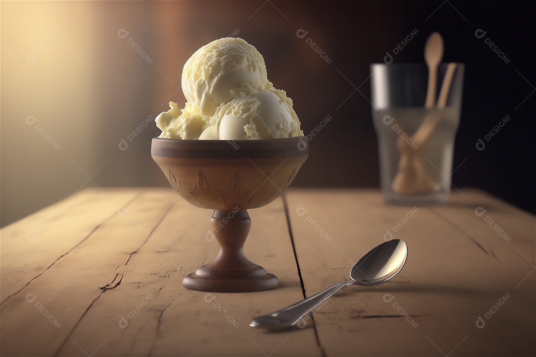 Sorvete de baunilha gourmet na tigela de vidro na mesa de sorveteria sobremesa congelada