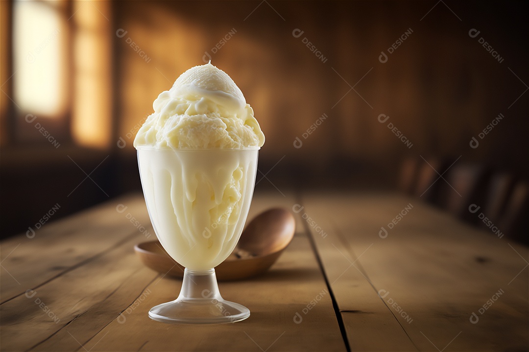 Sorvete de baunilha gourmet na tigela de vidro na mesa de sorveteria sobremesa congelada