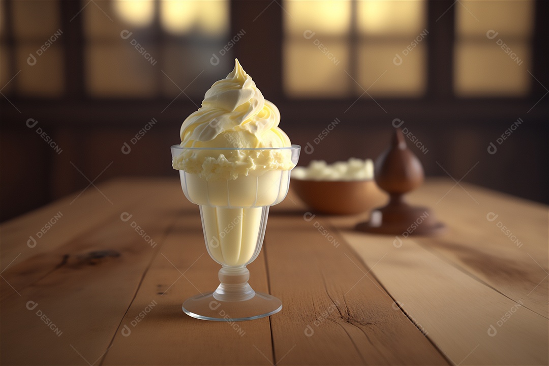 Sorvete de baunilha gourmet na tigela de vidro na mesa de sorveteria sobremesa congelada