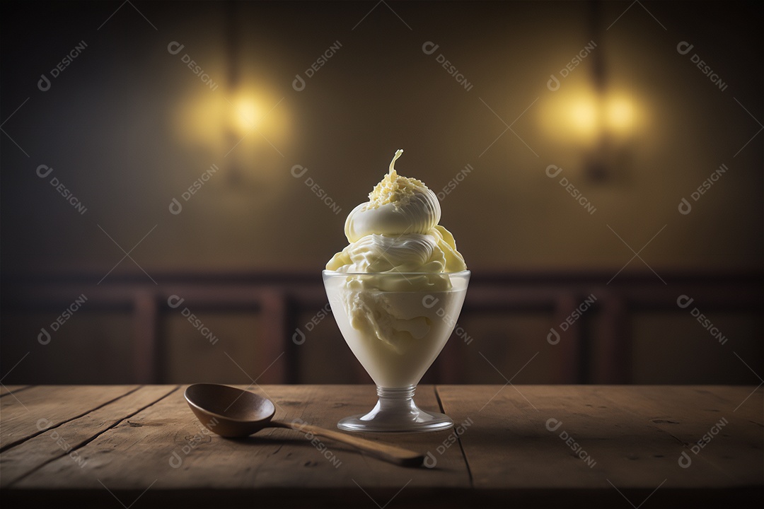 Sorvete de baunilha gourmet na tigela de vidro na mesa de sorveteria sobremesa congelada