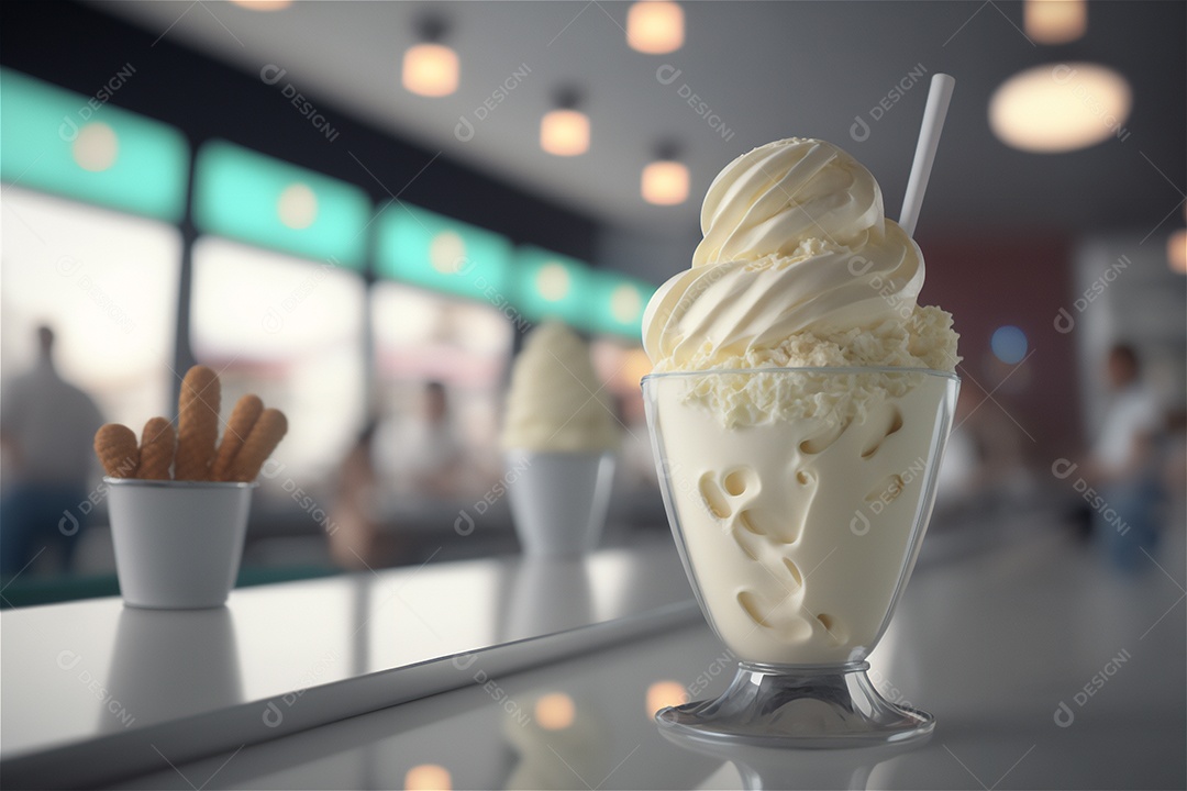 Sorvete de baunilha gourmet na tigela de vidro na mesa de sorveteria sobremesa congelada