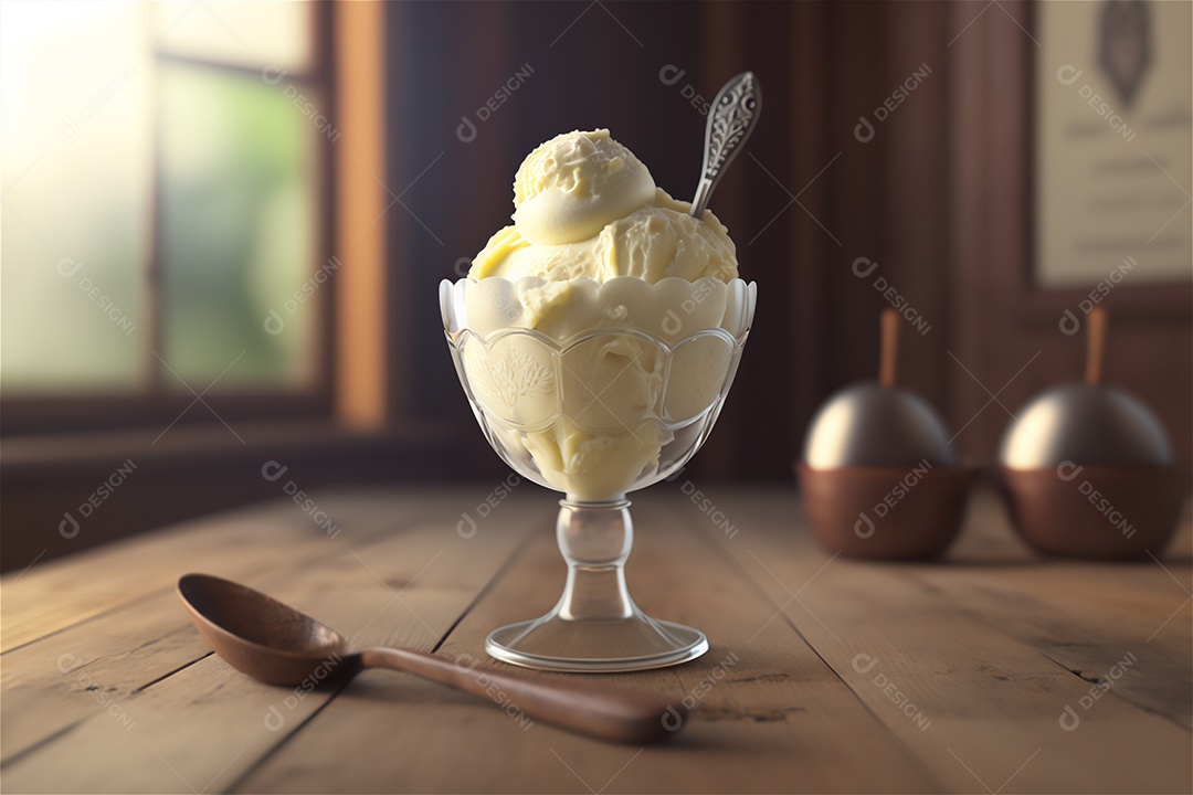 Sorvete de baunilha gourmet na tigela de vidro na mesa de sorveteria sobremesa congelada