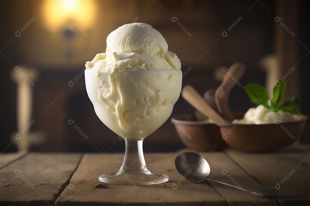 Sorvete de baunilha gourmet na tigela de vidro na mesa de sorveteria sobremesa congelada