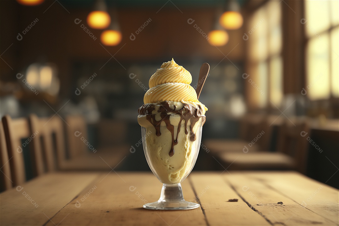 Sorvete de baunilha gourmet na tigela de vidro na mesa de sorveteria sobremesa congelada