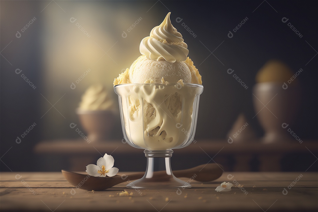 Sorvete de baunilha gourmet na tigela de vidro na mesa de sorveteria sobremesa congelada