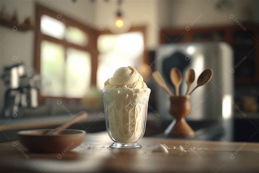 Sorvete de baunilha gourmet na tigela de vidro na mesa de sorveteria sobremesa congelada