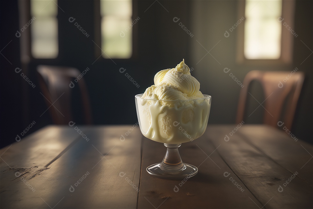 Sorvete de baunilha gourmet na tigela de vidro na mesa de sorveteria sobremesa congelada