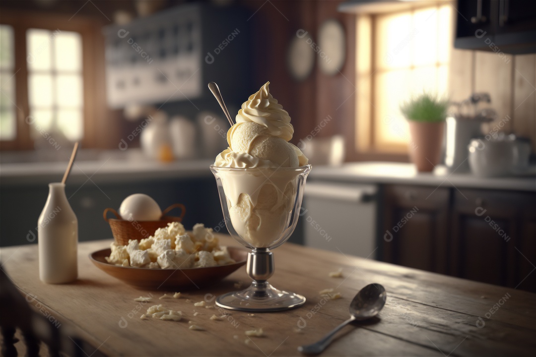 Sorvete de baunilha gourmet na tigela de vidro na mesa de sorveteria sobremesa congelada