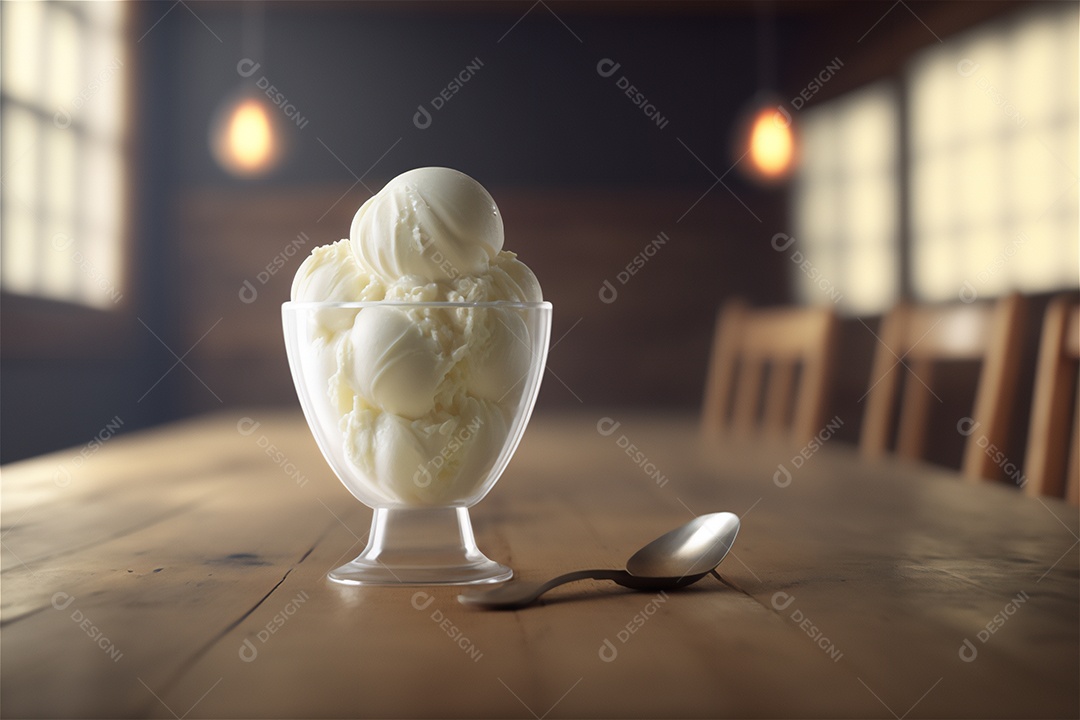 Sorvete de baunilha gourmet na tigela de vidro na mesa de sorveteria sobremesa congelada