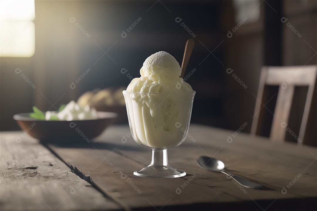 Sorvete de baunilha gourmet na tigela de vidro na mesa de sorveteria sobremesa congelada. vista frontal