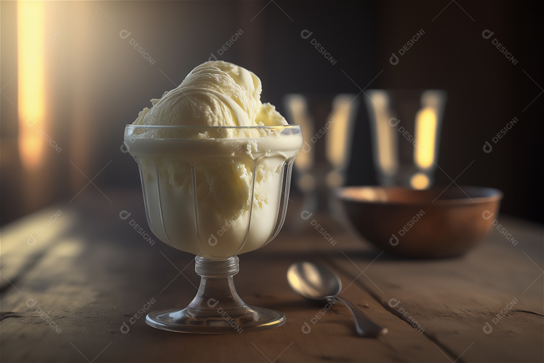 Sorvete de baunilha gourmet na tigela de vidro na mesa de sorveteria sobremesa congelada