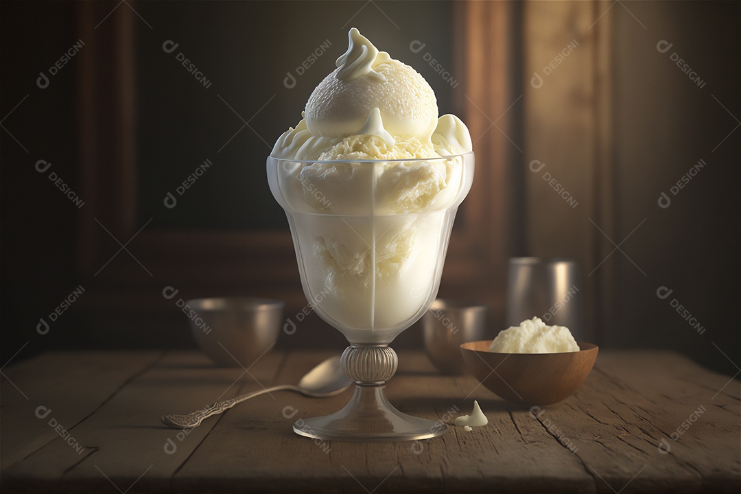 Sorvete de baunilha gourmet na tigela de vidro na mesa de sorveteria sobremesa congelada