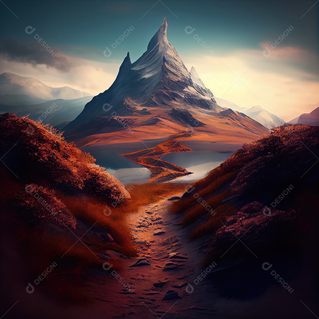 Caminho para o topo de uma da montanha, com o tema foco e objetivo