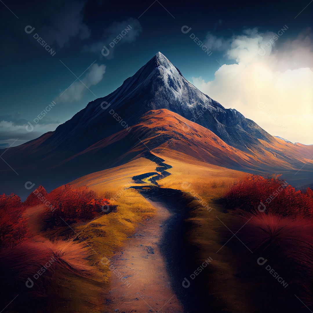 Caminho para o topo de uma da montanha, com o tema foco e objetivo