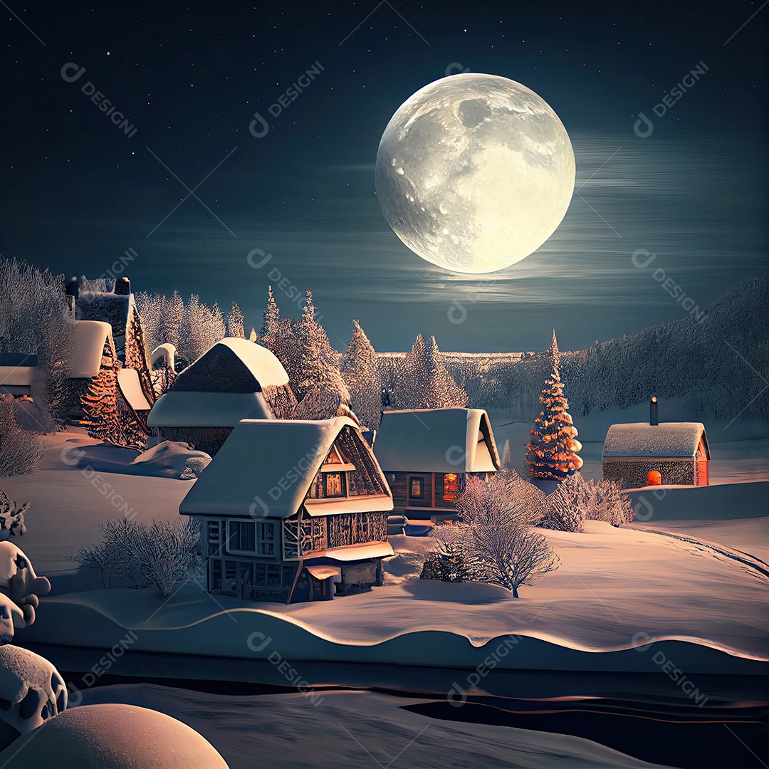 Casas cobertas de neve, com uma lua cheia no inverno, com tema de Natal