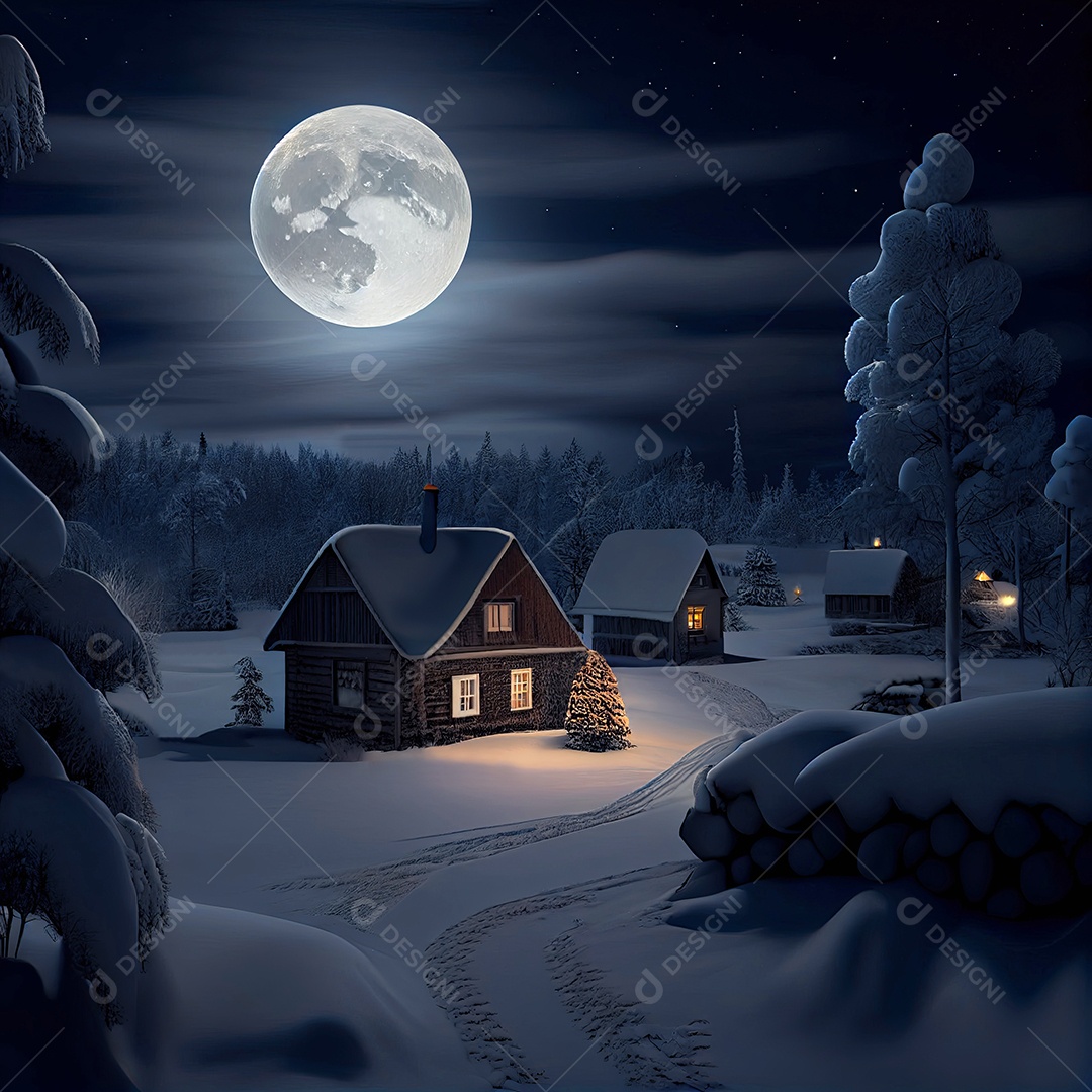 Casas cobertas de neve, com uma lua cheia no inverno, com tema de Natal