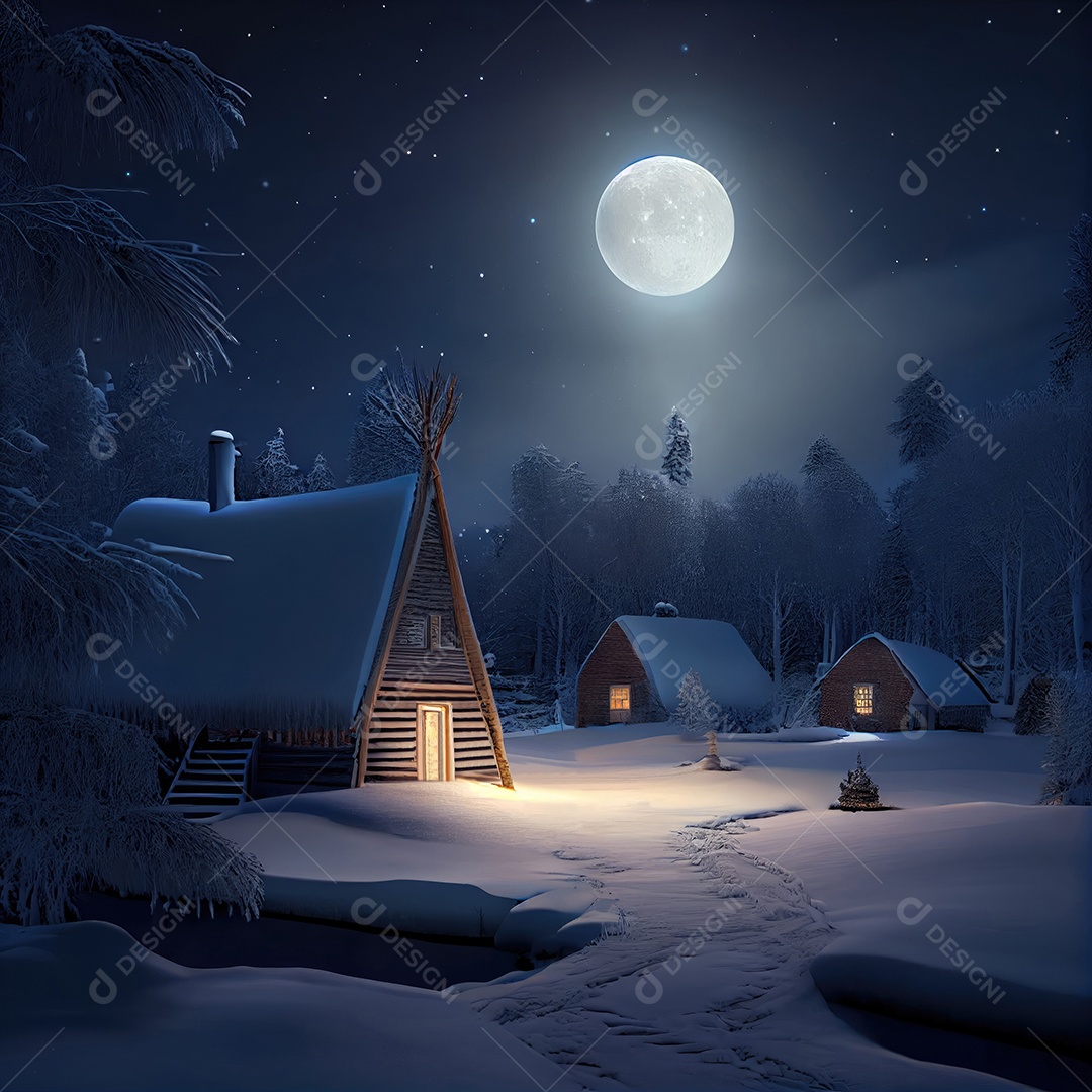 Casas cobertas de neve, com uma lua cheia no inverno, com tema de Natal