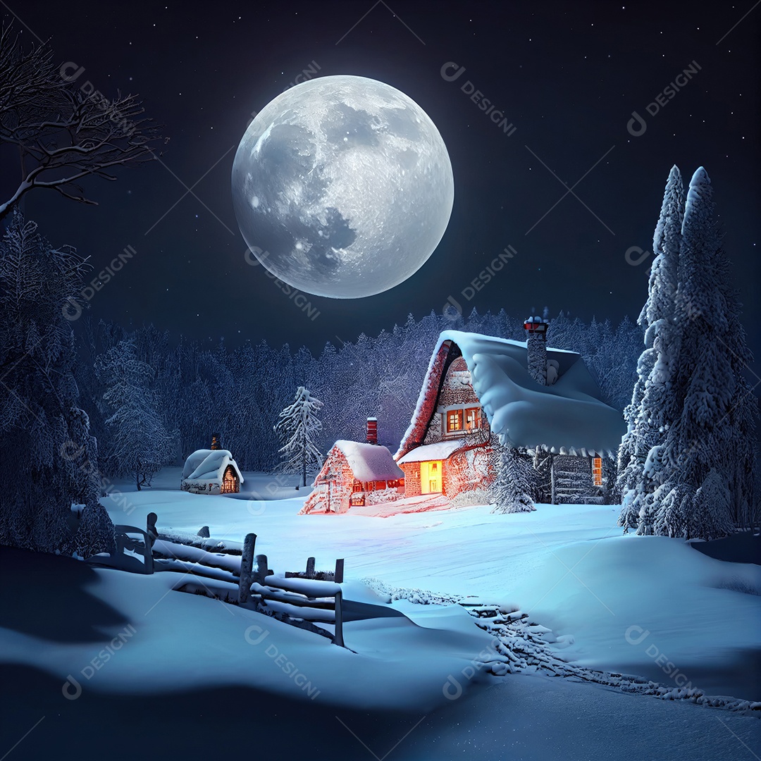 Casas cobertas de neve, com uma lua cheia no inverno, com tema de Natal