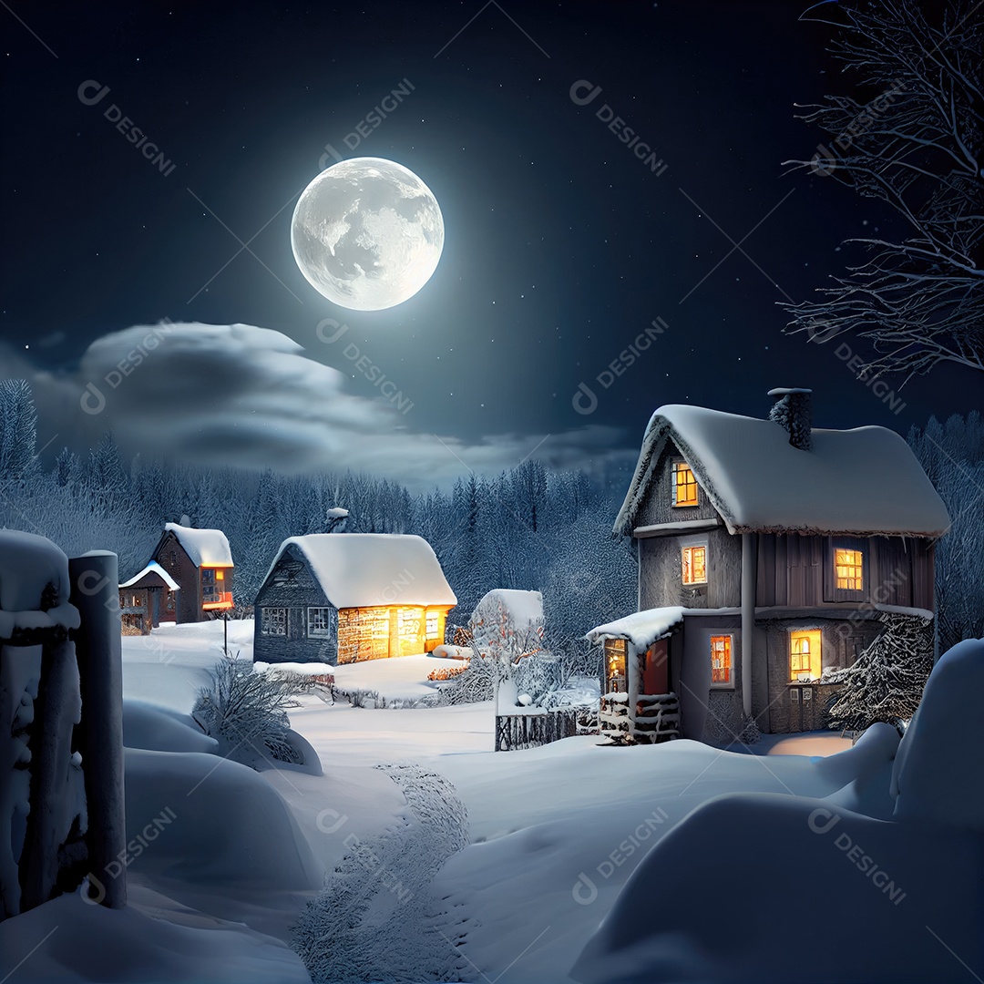 Casas cobertas de neve, com uma lua cheia no inverno, com tema de Natal