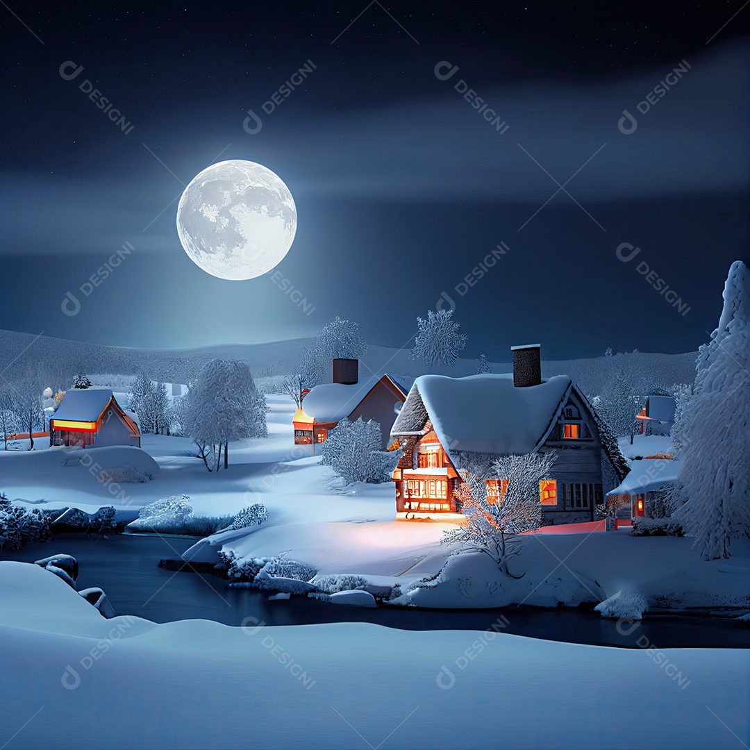 Casas cobertas de neve, com uma lua cheia no inverno, com tema de Natal