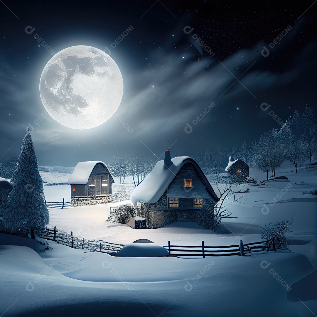 Casas cobertas de neve, com uma lua cheia no inverno, com tema de Natal