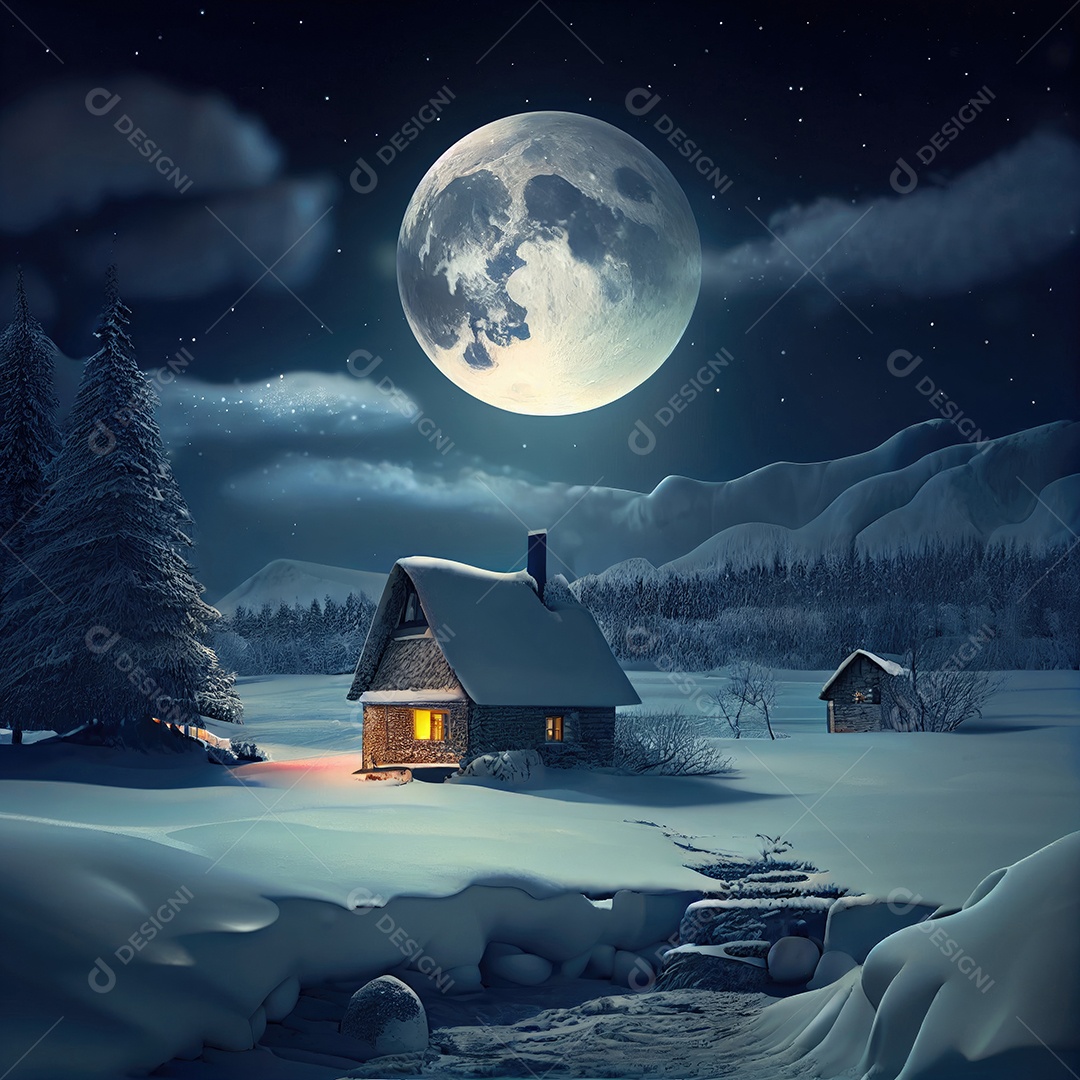 Casas cobertas de neve, com uma lua cheia no inverno, com tema de Natal