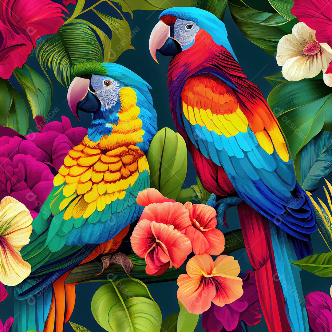 Papel de parede tropical com papagaios e flores coloridas