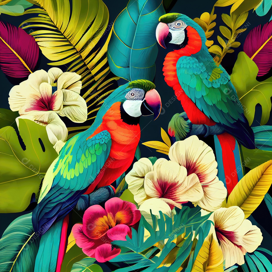 Papel de parede tropical com papagaios e flores coloridas
