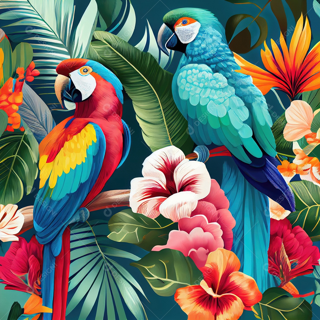 Papel de parede tropical com papagaios e flores coloridas