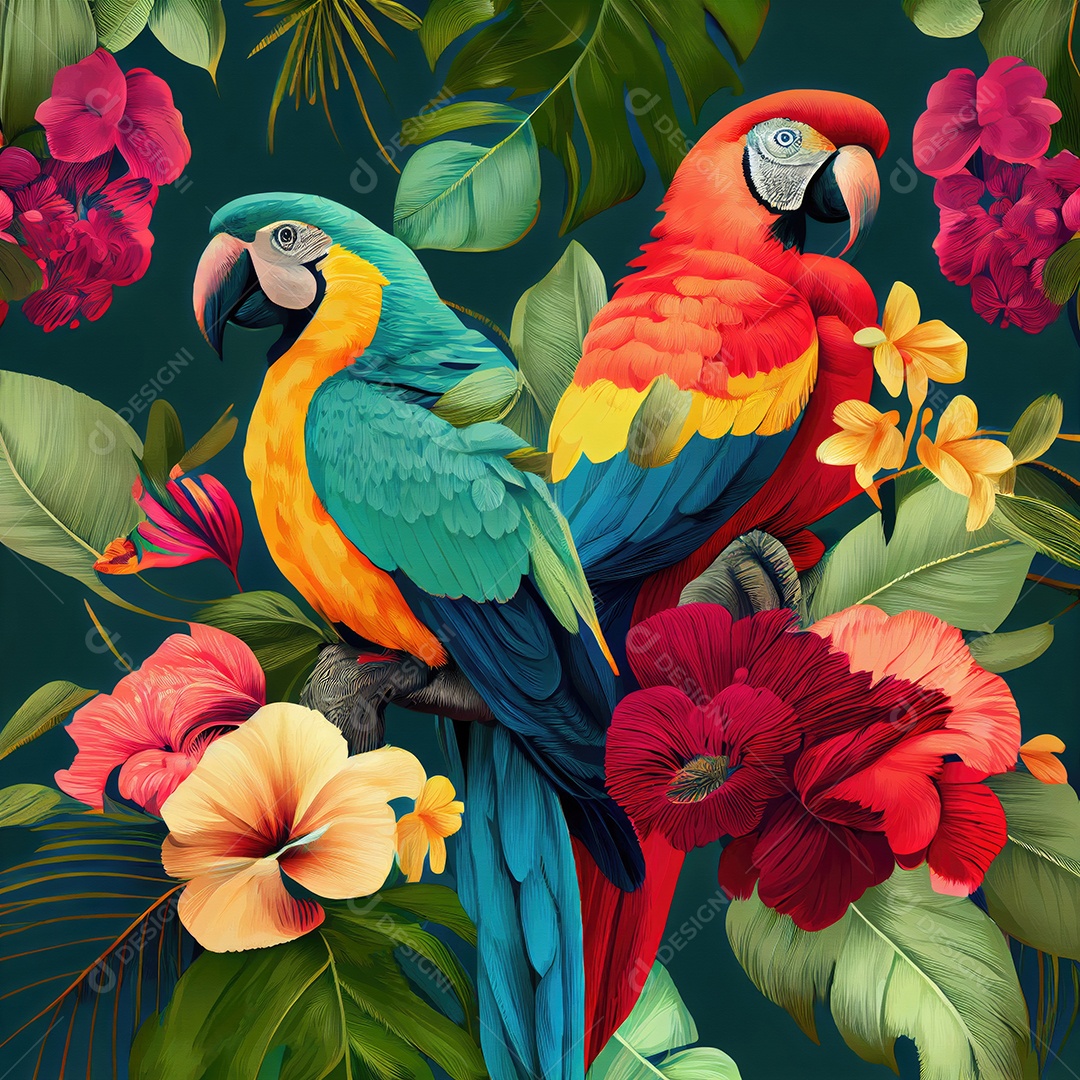 Papel de parede tropical com papagaios e flores coloridas