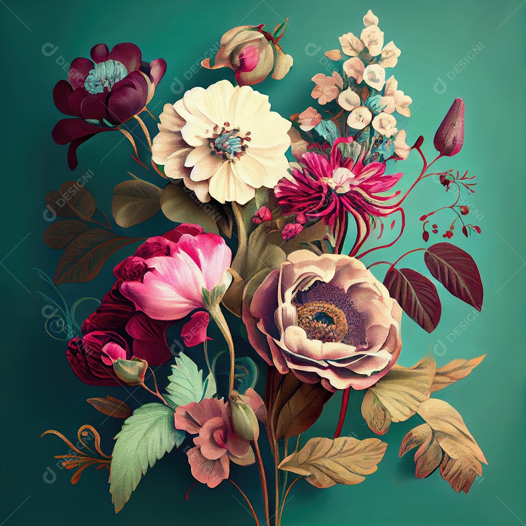 Papel de parede vintage com flores coloridas