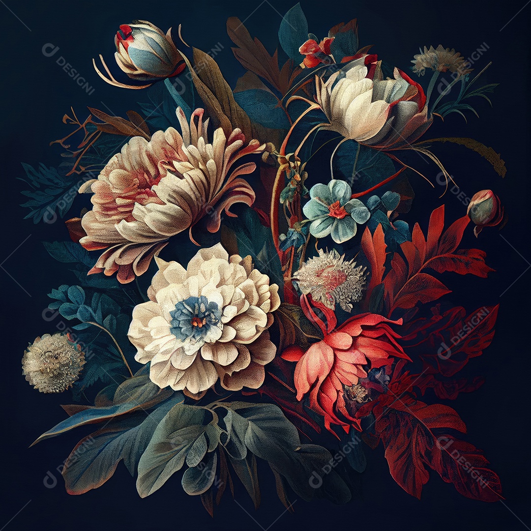 Papel de parede vintage com flores coloridas