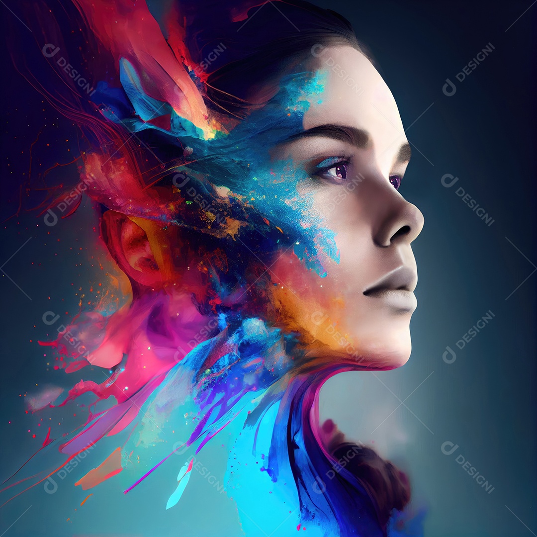 Retrato uma mulher com dupla exposição com tinta colorida