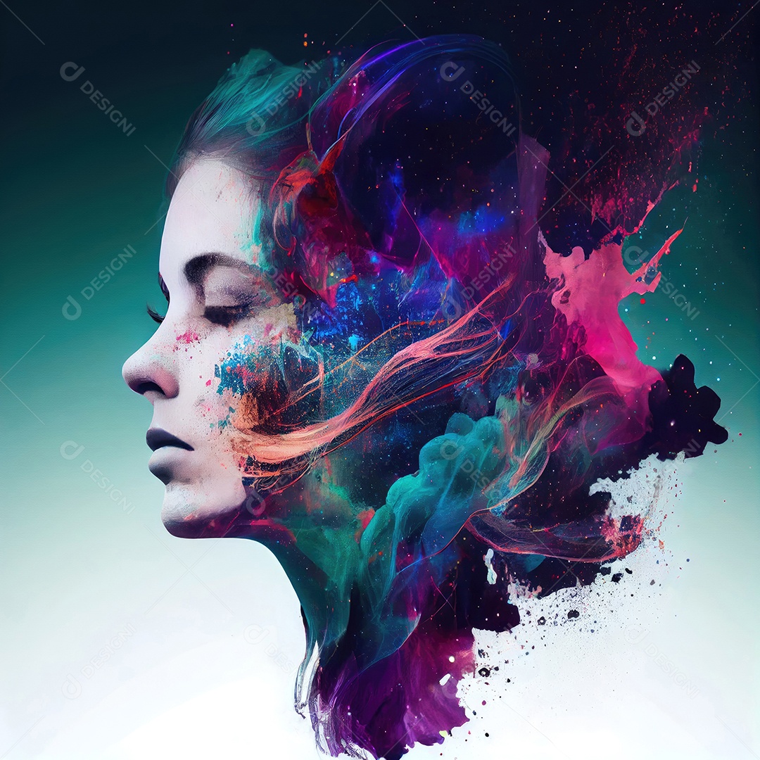 Retrato uma mulher com dupla exposição com tinta colorida